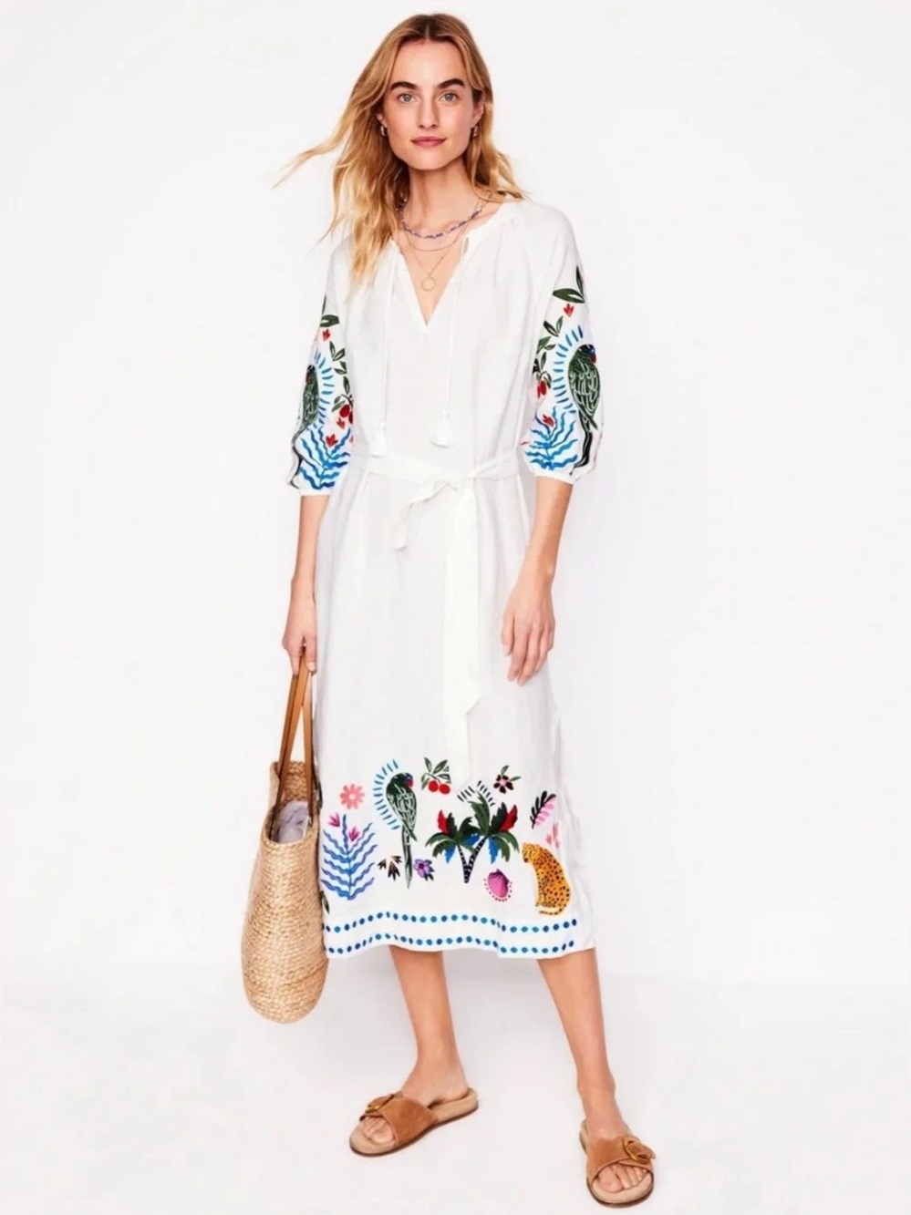 EUC Boden Tropical Embroidered Linen Tassel Dress Size 10